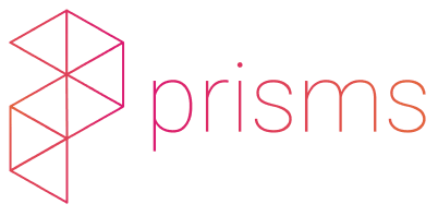 A stylized logo featuring a vertical stack of six equilateral triangles forming a geometric shape next to the word "prisms" in lowercase, with both elements featuring a gradient from pink to orange.