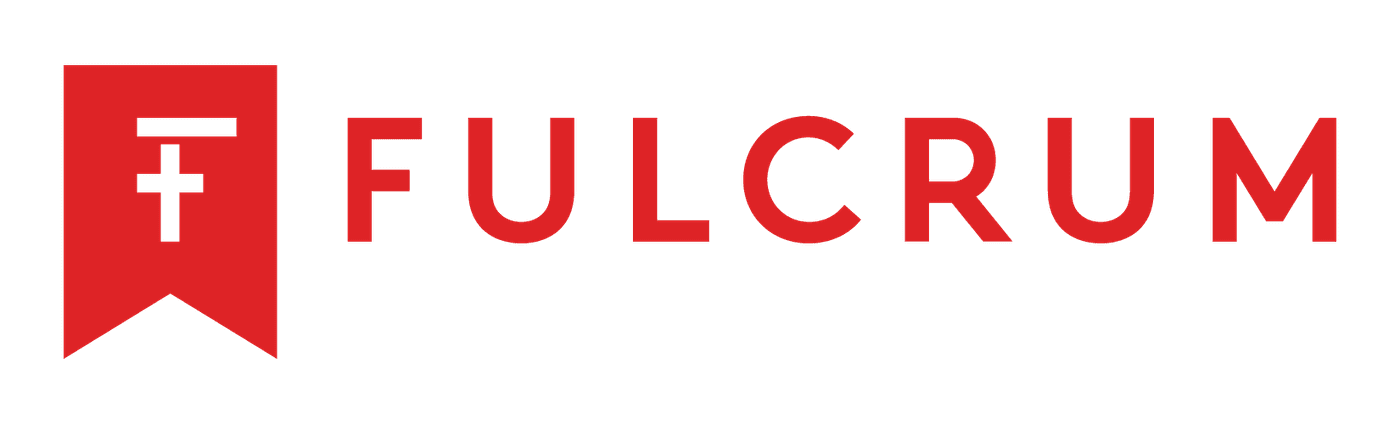 The logo for Fulcrum features a red, downward-pointing banner shape containing a stylized white letter F, followed by the word FULCRUM in red, sans-serif capital letters.