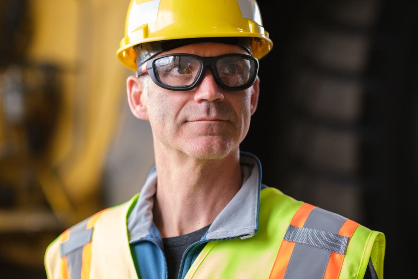 A middle-aged man wearing a yellow hard hat, safety glasses, and a neon green reflective vest looks away from the camera in an industrial setting.
