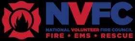 The logo for the National Volunteer Fire Council features a red Maltese cross on the left, the dark blue acronym NVFC in the center, and a red bar containing the white text FIRE • EMS • RESCUE underneath.