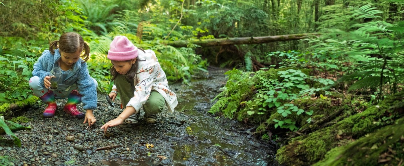 Two young girls in casual outdoor clothing crouch by a forest stream, examining the wet pebbles and greenery with a magnifying glass and a small glass jar.