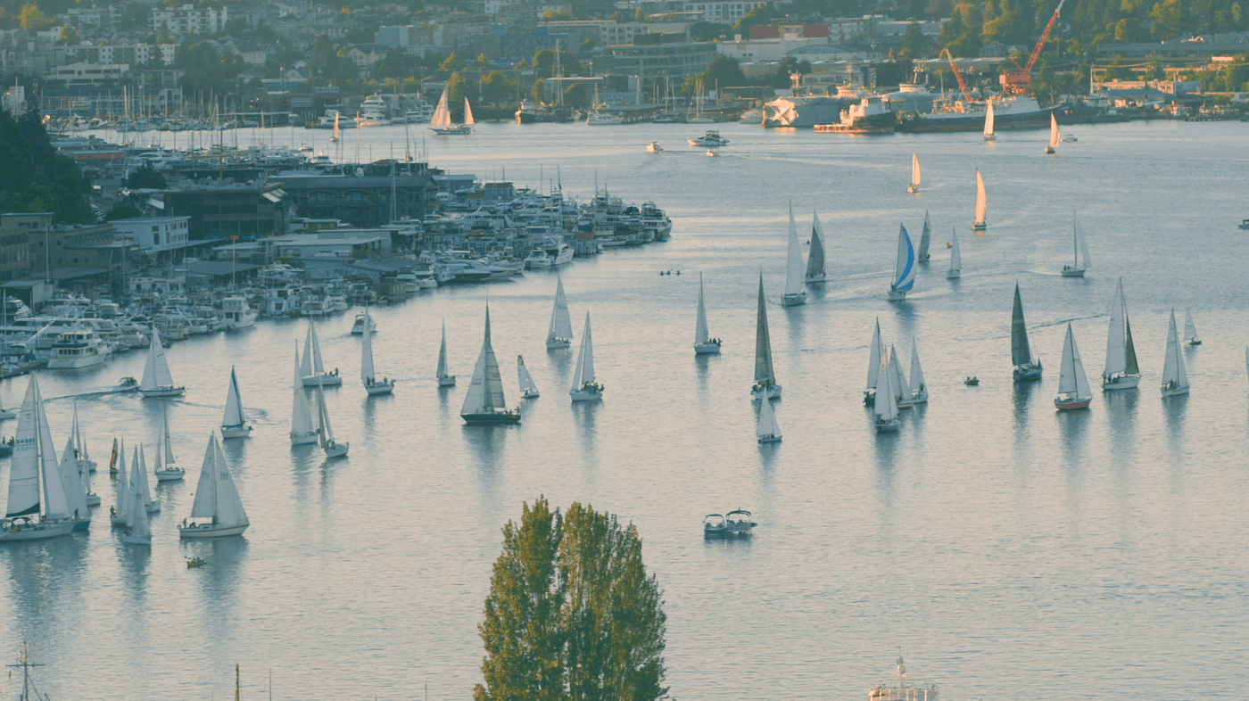 An aerial view shows a large group of sailboats competing in a regatta on a calm harbor near a coastal city during the golden hour.