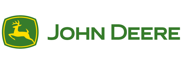 The John Deere logo featuring a yellow leaping deer silhouette centered within a green, rounded-square emblem, followed by the company name "JOHN DEERE" in bold green text.